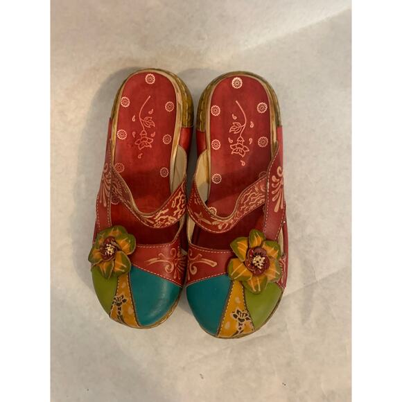 Skye Trubelle  Leather Red Platform Clogs Slippers On Floral Size 39 Boho US 9 - Picture 3 of 9